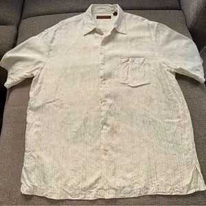Tori Richard Hawaiian Silk Large Tan Green Embroidered Button Down Dress Shirt